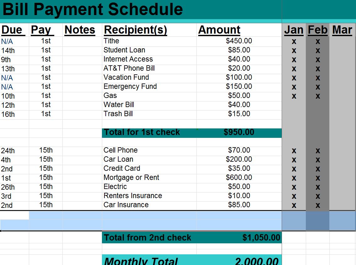 Bill Payment Schedule | Excel Bill Payment Schedule » Template Haven