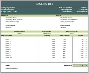 Screenshot of the Packing List Template