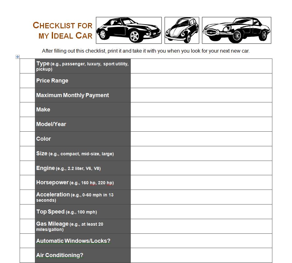 Car Buying Checklist Used Car Buying Checklist » Template Haven