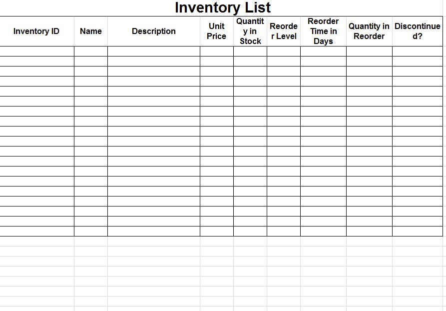 sample inventory sheet