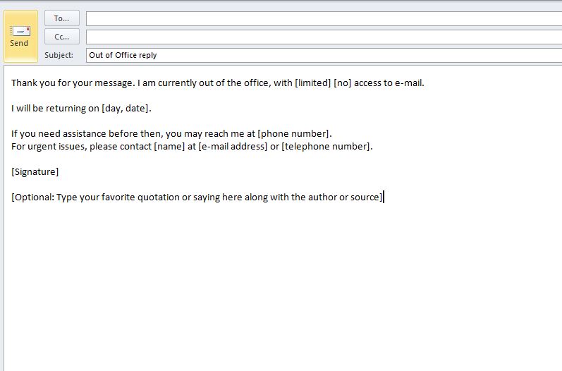 out of office outlook email template