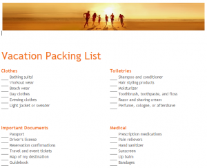 Vacation Packing List