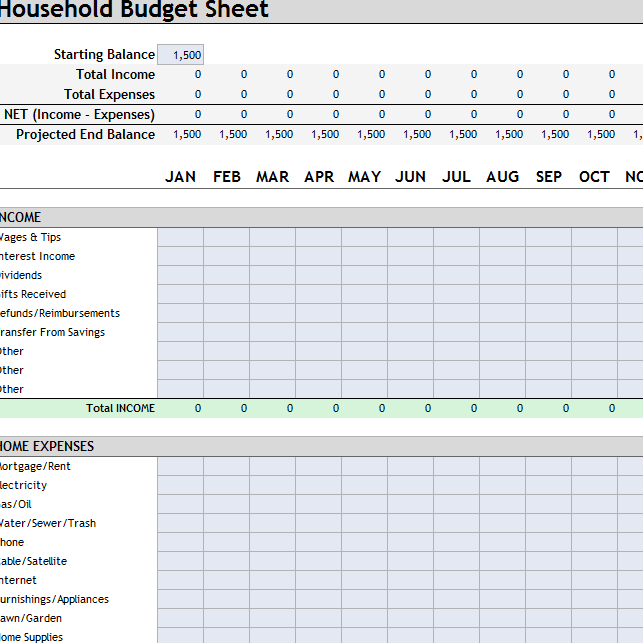Household Budget Sheet
