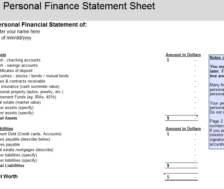 Personal Finance Statement Sheet
