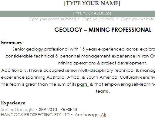 Geology Specialist Resume