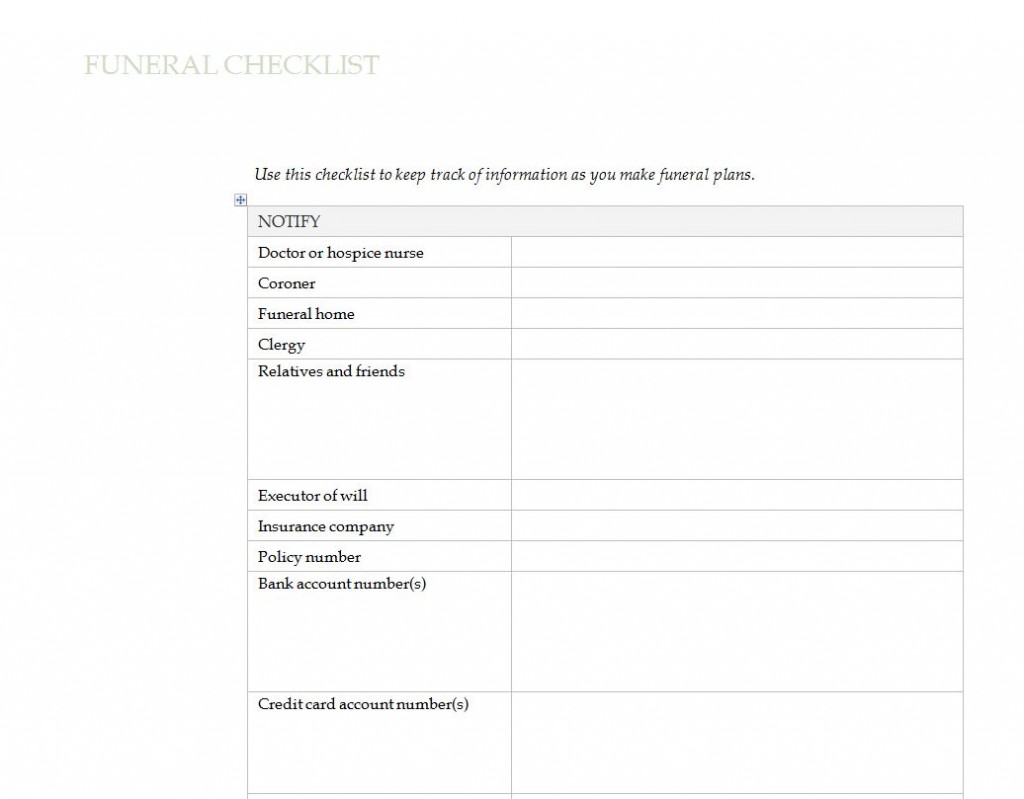 Funeral Planning Checklist Funeral Pre Planning Checklist Template