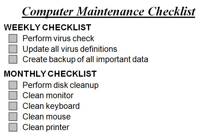 Computer Maintenance Checklist Computer Checklist Template Haven