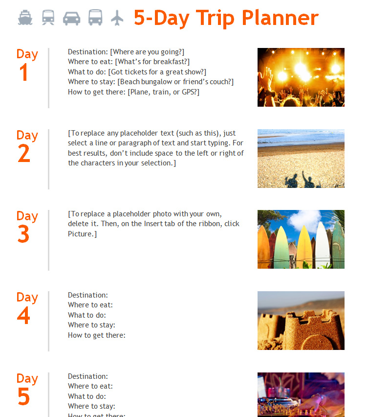 5Day Trip Planner Template » Template Haven
